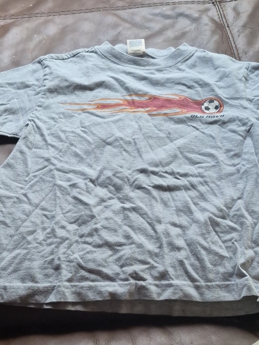 Old Navy Gray Tee with Red and Orange Flaming Soccer Graphic